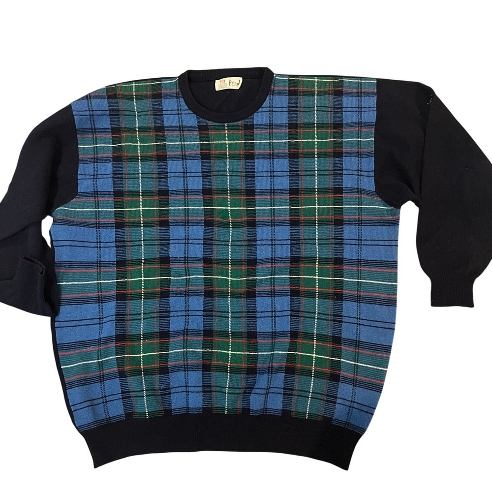 Pringle of Scotland Wool Men's Plaid/Tartan Sweater Navy Blue Green Blue Size XL